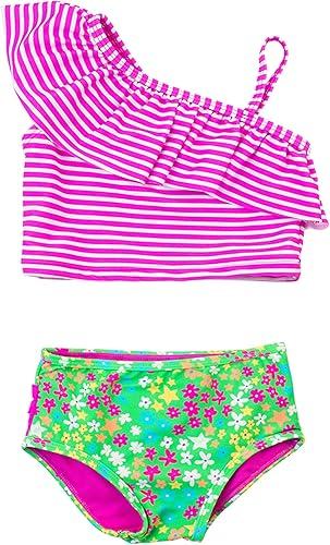 RuffleButts Girls UPF50+ Sun Protection One Shoulder Ruffle Tankini Two Piece Swimsuit