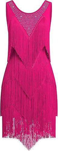 IWEMEK Rhinestones Layered Fringe Dress Ballroom Latin Dance Dress for Women Tiered Tassel Flapper Dresses Dancing Costume