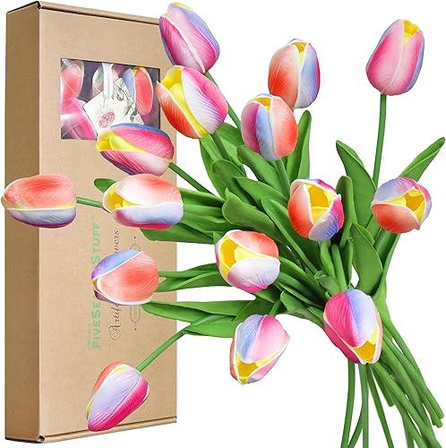 FiveSeasonStuff Real Touch Rainbow Tulips Bouquet, 15 Multicolor Artificial Stems with Soft PU Petals