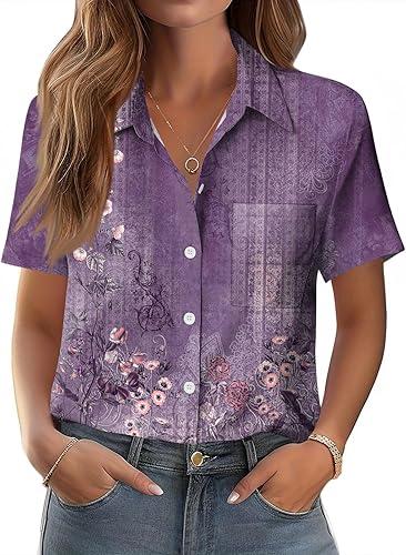 Women Button Down Shirts Short Sleeve Collared Tops Dressy Casual V Neck Blouses