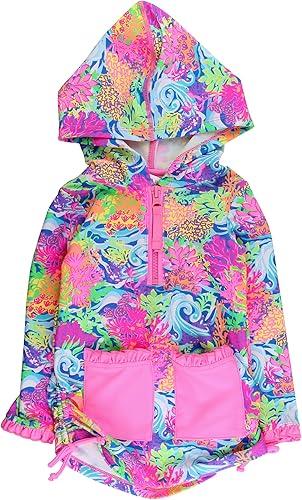 RuffleButts Girls UPF50+ Sun Protective Ruched Quarter-Zip Cover-Up