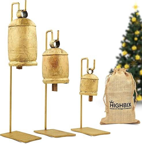 HIGHBIX Set of 3 Vintage Style Rustic Handmade Jingle Cowbells with Metal Stand Farmhouse Holiday Decor, Perfect for Christmas Decorations, Gift, and Home Accents (Large)
