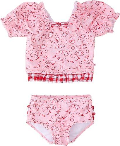 RuffleButts Baby/Toddler Girls UPF50+ Puff Sleeve Ruffle Tankini 2-Piece Swimsuit