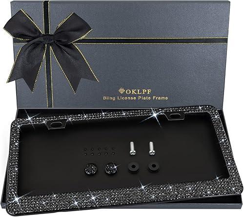 Bling License Plate Frame for Women, 1PCS Sparkly License Plate Frames| Over 1200 pcs 14 Facets Bedazzled Clear Glass Diamond Rhinestone Crystals w/Free Glitter Diamond Box (Black)