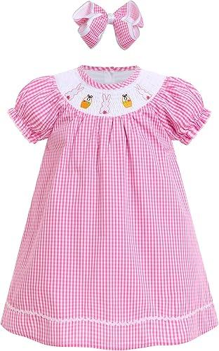 IMEKIS Toddler Kids Girls Easter Smocked Dress Short Sleeve Plaid Embroidered Bunny Goose Birthday Holiday Outfit 1-5T