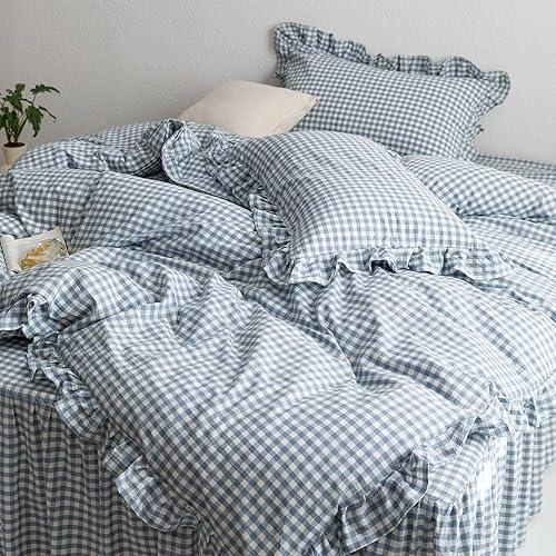 MKXI Blue and White Gingham Duvet Cover Twin Size, 3-Piece Bedding Set with Ruffles - 100% Soft Washed Cotton, Crisp Breathable - Nautical Coastal Classic Style Comforter Cover