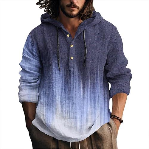 Cotton Linen Hoodie for Men, Casual Gradient Color Long Sleeve, Beach Vacation Hippie Shirt