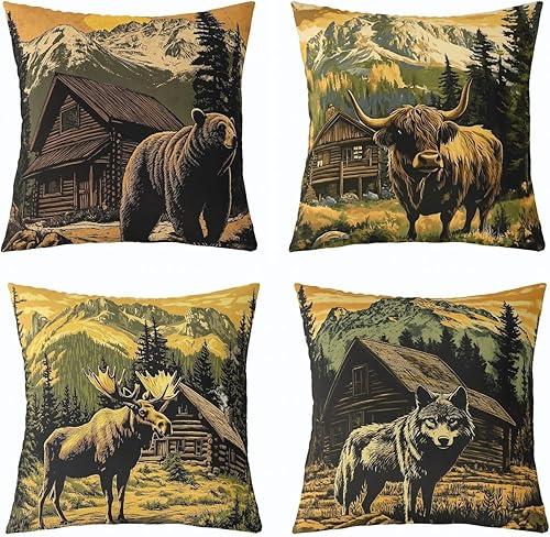 Feelyou Bear Throw Pillow Covers Set of 4 Rustic Bear Cushion Case Deer Hunting Decor Pillowcase Wolf Cow Farmhouse Yellow Green Black 20"X 20" Indoor Outdoor