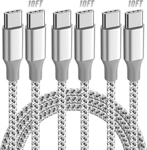 KYEHD USB C Cable，3 Pack 10FT 60W Fast Charging USB C to USB C Cable, Durable Type C Charger Cable for iPhone 17/16/15/iPad MacBook CarPlay and More-Grey White