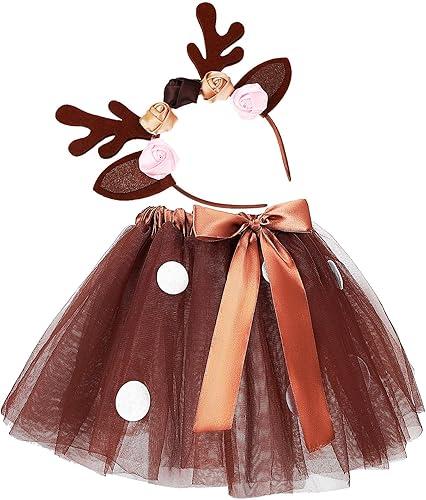 Amosfun Christmas Reindeer Tutu Skirt Antler Headband Halloween Christmas Party Costume Reindeer Cosplay Dress Outfits