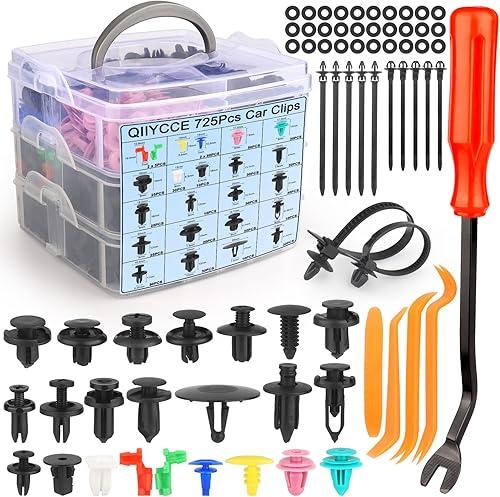 725Pcs Car Push Retainer Clips & Auto Fasteners Assortment - 23 Most Popular Sizes Bumper Fender Rivet Kits + 1 Fastener Removal Tool, Universal for Toyota, GM, Ford, Honda, Acura, Chrysler