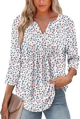 Women's 4Th of July Shirt, 3/4 Sleeve V Neck Patriotic T-Shirts, American Flag Print Tops, S-2XL