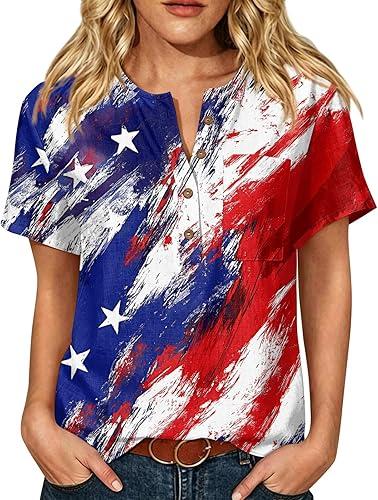 4th of July Shirts for Women Patriotic Short Sleeve Stars and Stripes Button American Flag V Neck 250 Anniversary Tops