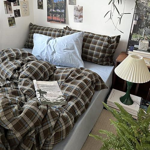 MKXI Buffalo Plaid Duvet Cover Twin XL - 3 Piece Washed Cotton Bedding Set, Blue Brown Green Vintage Aesthetic, Soft Breathable with Zipper Closure