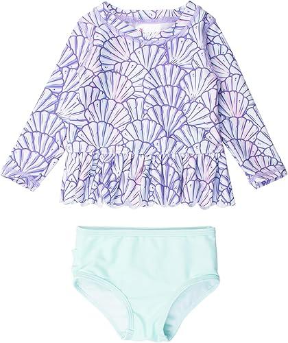 RuffleButts Baby/Toddler Girls Scalloped Long Sleeve Rash Guard 2-Piece UPF50+ Sun Protected Swimsuit