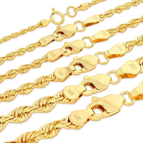 Nuragold 14K Real Yellow Gold Rope Diamond Cut Chain Lightweight Necklace 16"-30" (1.5mm-4mm) Italian Jewelry for Men & Women