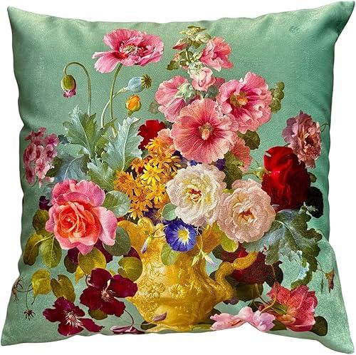 Vintage Floral Vase Throw Pillow Cover 26x26 Inch, Sage Green Botanical Oil Painting Cushion Case for Living Room, Bedroom, Sofa Decor