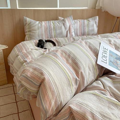 EAVD Pink Blue Yellow Striped Duvet Cover Queen Soft Washed Cotton Bedding Set 3 Pieces Pinstriped Bedding Set with 2 Pillowcases Reversible Farmhouse Geometric Pattern Duvet Cover with Zipper