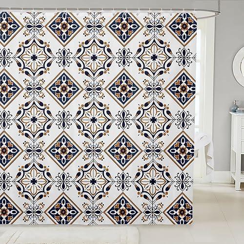 Erosebridal Mexican Talavera Tile Bathroom Decor,Mexico Style Tiles Shower Curtain Set for Kids Adults,Retro Vintage Floral Bathroom Set 72 x 72 Inch,Ethnic Geometric Fabric Shower Curtain