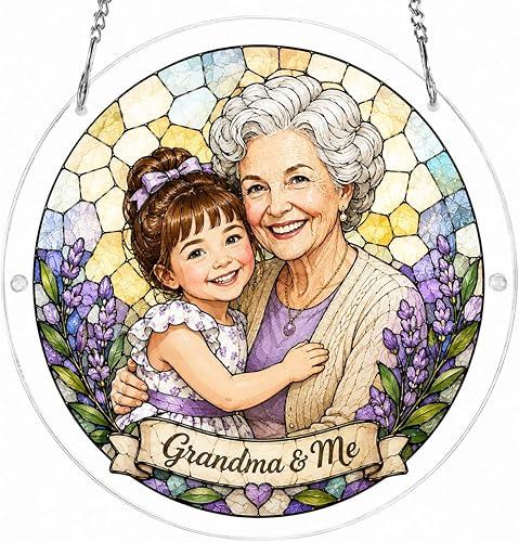 Personalized Grandma Stained Glass Sun Catcher, for Mom, Christmas Ornament Photo Family Portrait Faux Window Hanging Ornament, Custom Photo Grandma