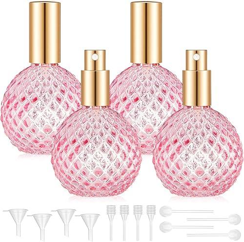 4 Pack Pink Vintage Perfume Bottles Empty Bulk, 3.4oz/100ml Refillable Glass Perfume Atomizer Spray Bottles with Funnel Dropper Pump, Decorative Cologne Dispenser for Vanity, Travel, Gift for Women