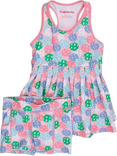 RuffleButts Girls Athletic Active Tiered Dress and Bike Short Set Outift