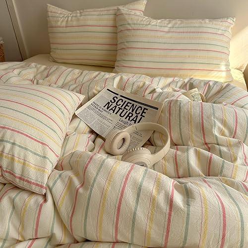 EAVD Colorful Striped Duvet Cover Twin Soft 100% Cotton Vintage Pink Green Yellow Stripes Printed Bedding Set with 2 Pillowcases Retro Reversible Geometric Comforter Cover with Zipper Corner Ties