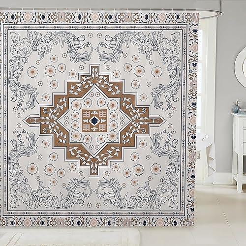 Erosebridal Vintage Floral Bathroom Decor - Aztec Flower Boho Shower Curtain Set for Kids Adults | Farmhouse Flowers Bathroom Set 72 x 78 Inch | Beige Brown Blue Aesthetic Fabric Shower Curtain