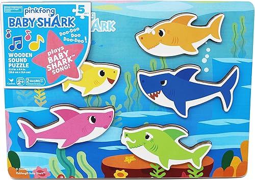 Spin Master Games, Pinkfong Baby Shark Musical Wooden Sound Puzzle, Plays Viral Song, 5 Pieces, Toddler Toys, for Ages 2 & Up