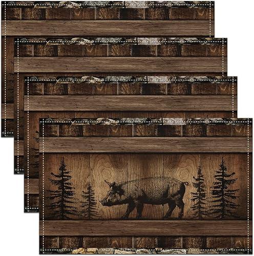 Erosebridal Black Pig Set of 4 Placemats,Funny 3D Pig Place Mats,Cute Poultry Animal Table Mats,Stone Rustic Farmhouse Style Waterproof Placemats for Kitchen Table,Anti Slip 12x18 Inch