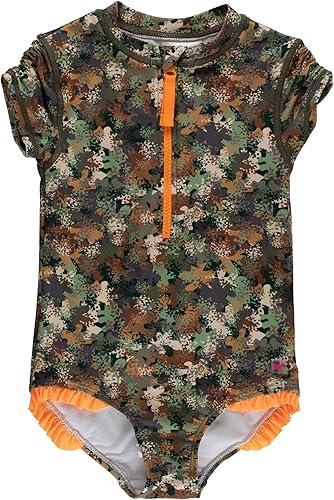RuffleButts Girls UPF50+ Sun Protection Front Zipper Short Sleeve Rash Guard One Piece Swimsuit