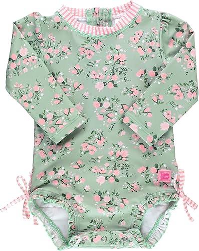 RuffleButts Baby Girls UPF 50+ Sun Protection Floral Printed Long Sleeve One Piece Rash Guard Swimsuit with Zipper — 16% off