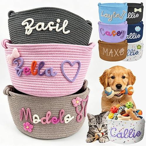 Personalized Dog Toy Basket, Custom Cat Toy Storage Bin, Large Durable Cotton Rope Basket for Puppy/Kitten Supplies, Handmade Pet Toy Box with Name Embroidery, Gift for Pet Lovers (M/L Size, 9 Colors)