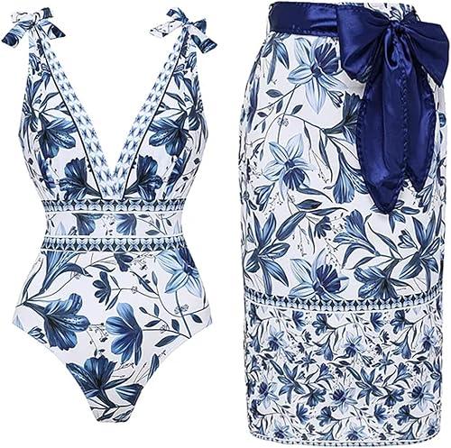 FLAXMAKER Blue and White V Neck Lace Up Strip Plant Prints One Piece Swimsuit and Skirt/Sarong