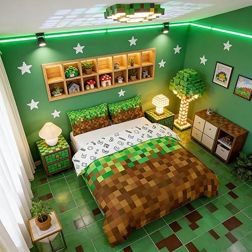 Manfei Pixelated Bedding Set Queen Size,Video Games Gamepad Miners Duvet Cover Set for Adults Women Bedroom Decor,Geometric Grid Bedding Collection,Brown Green 3 Pcs Quilt Cover,No Comforter