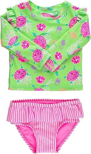 RuffleButts Baby Girls Modern Skirted Rash Guard Bikini - UPF 50+ Sun Protection Swimsuit