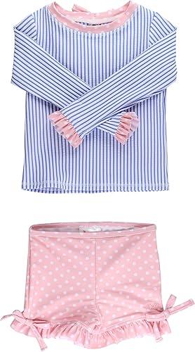 RuffleButts Girls UPF50+ Long Sleeve Rash Guard Ruffle Shorts 2-Piece Swimsuit