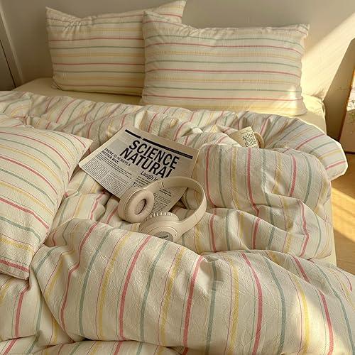EAVD Colorful Striped Duvet Cover Queen Soft 100% Cotton Vintage Pink Green Yellow Stripes Printed Bedding Set with 2 Pillowcases Retro Reversible Geometric Comforter Cover with Zipper Corner Ties