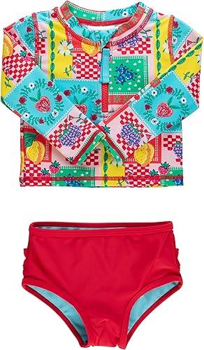 RuffleButts® Baby/Toddler Girls Long Sleeve Rash Guard 2 Piece Swimsuit Set w/UPF 50+ Sun Protection with Zipper