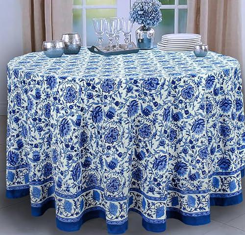 90 Inches Round Hand Block Printed Cotton Tablecloth, Blue White Floral Table Cloths Washable, Indian Table Linen for Dinning Home Decor Autumn Outdoor Thanksgiving Gifts 6 Seater