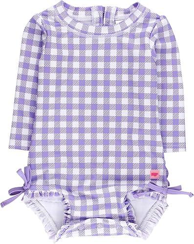 RuffleButts Baby Girls UPF 50+ Sun Protection Gingham Printed Long Sleeve One Piece Rash Guard Swimsuit with Zipper