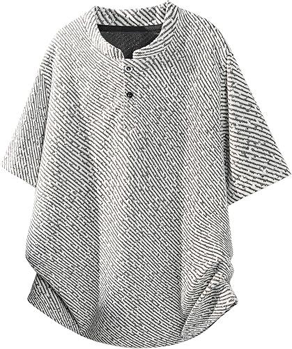 GURUNVANI Men's Henley Short Sleeve Shirt Textured Button Tee Loose Fit Summer Streetwear Top