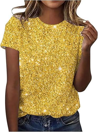 Women's Sequin Tops Round Neck Shirts Sparkle Glitter Shimmer Tee Short Sleeve Tops Club Evening Party Blouse