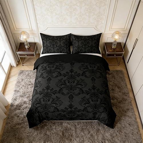 Manfei Black Damask Duvet Cover Set King Size, Gothic Vintage Damask Floral Bedding Set 3pcs, Antique Victorian Baroque Quilt Cover, Man Woman Adults Room Decor, 2 Pillowcases, No Comforter