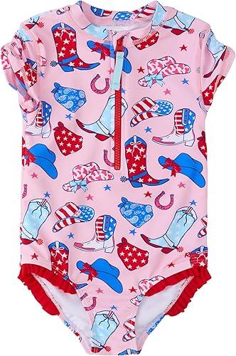 RuffleButts Girls UPF50+ Sun Protection Front Zipper Short Sleeve Rash Guard One Piece Swimsuit