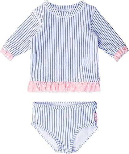 RuffleButts Baby/Toddler Girls UPF50+ Sun Protection Seersucker Short Sleeve Ruffle Rash Guard Bikini