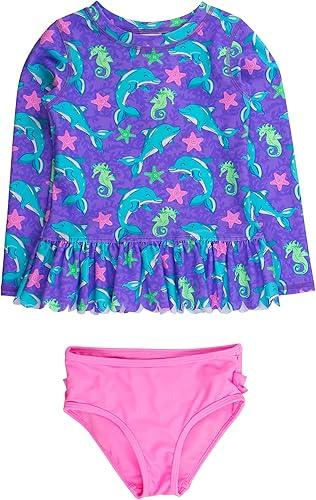 RuffleButts Baby/Toddler Girls Scalloped Long Sleeve Rash Guard 2-Piece UPF50+ Sun Protected Swimsuit