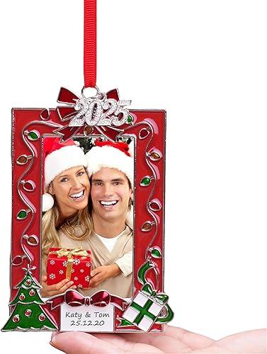 Christmas Photo Frame Ornament, Red Metal with Green Accents, Holiday Tree Decoration, Personalized Date or Name, Two Ways to Use (Red 3)