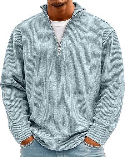 Mens Quarter Zip Pullover Corduroy Sweatshirt Casual Half Zip Sweater Tops Lightweight Stand Collar Golf Polo Shirts