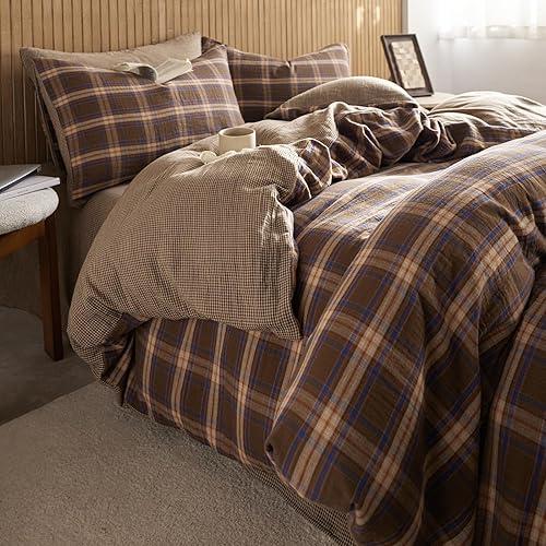 EAVD Vintage Style Brown&Blue Plaid Duvet Cover Full Soft 100% Muslin Cotton Brown Green Blue Grid Checkered Plaid Bedding Set with 2 Pillowcases Reversible Gingham Duvet Cover with Zipper